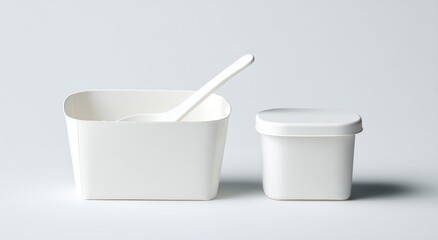Two white plastic containers, one larger with a spoon