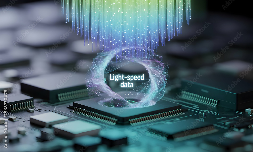 Poster circuit board transmits light-speed data, with data stream background, for tech industry