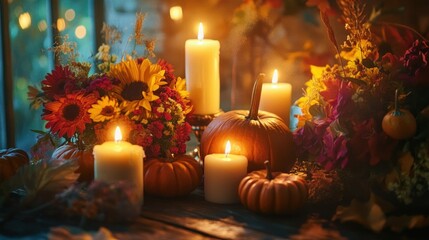 Autumnal centerpiece with candles and pumpkins