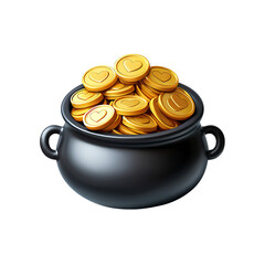 Black pot brimming with sparkling golden coins, each adorned with a heart, symbolizing prosperity, love, and abundant fortune.