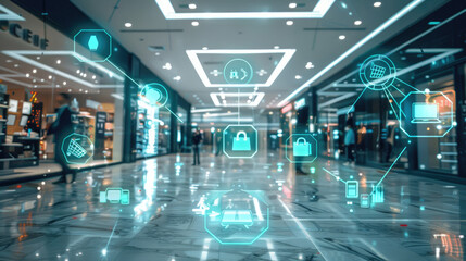 Futuristic shopping mall with digital overlays and shoppers