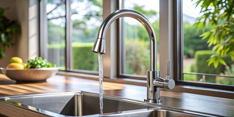 A sleek steel chrome faucet with water flowing out of the spout
