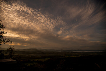 Banner Blue golden sky sunrise dramatic beautiful mountain. Blue sky white cloud cloudscape. Banner Dramatic sunset mountain landscape. Panorama Amazing Beautiful landscape hills with copy space
