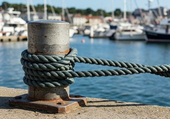Fototapeta premium Close-up of a mooring bollard with tied ropes in a harbor