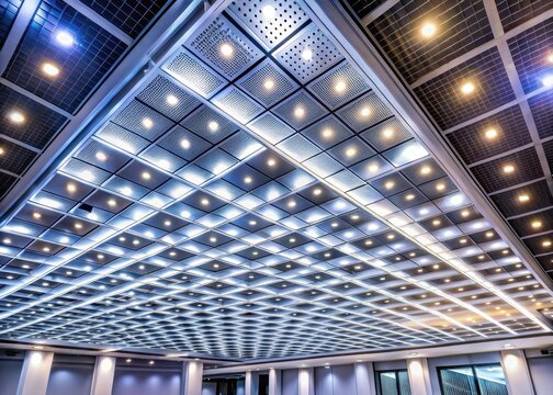 Modern grid ceiling with embedded LED lights creating a futuristic ambiance in an indoor space