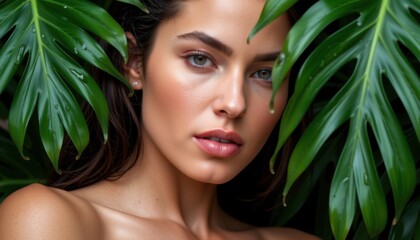 Fototapeta premium Captivating portrait of woman among tropical leaves nature photography close-up beauty concept