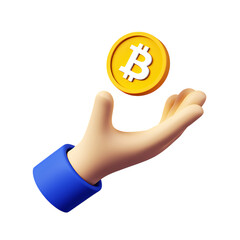 3D illustration of a hand holding a golden Bitcoin, digital currency concept, financial technology, investment, and wealth.