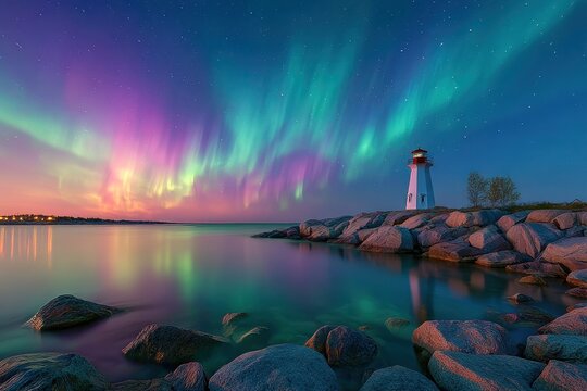 Aurora borealis over a calm lake with a lighthouse - Powered by Adobe