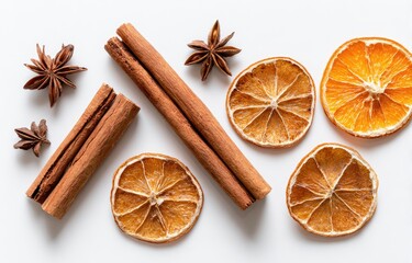 Fototapeta premium Dried citrus slices, cinnamon sticks, and star anise
