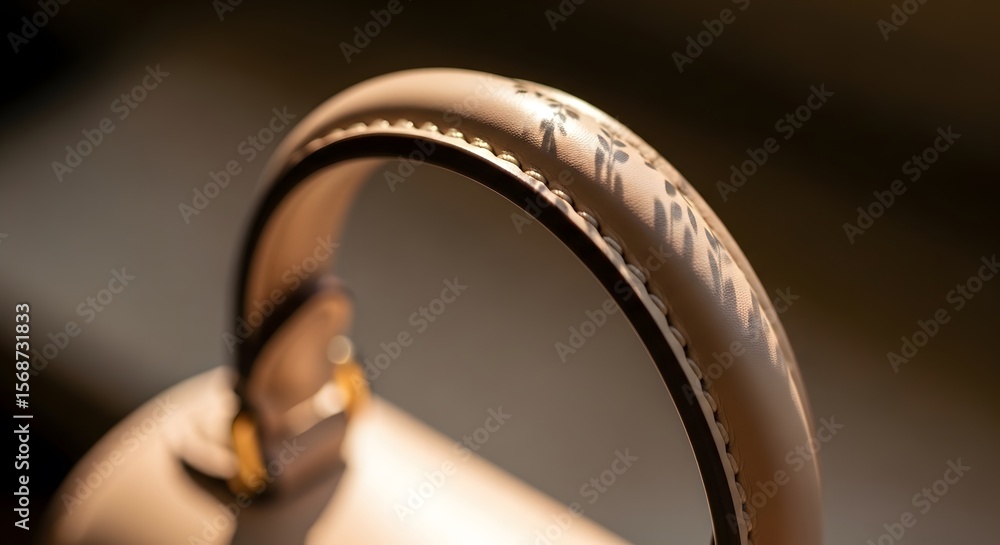 Poster close up shot of a portion of a light-colored leather handle with a unique patterned design on a bag