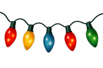 String of colorful glowing christmas lights hanging on a transparent background, adding a festive touch to holiday decorations