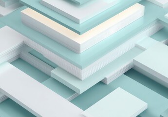 Abstract 3D shapes in light teal and white.  Layered geometric forms create a complex, textured design