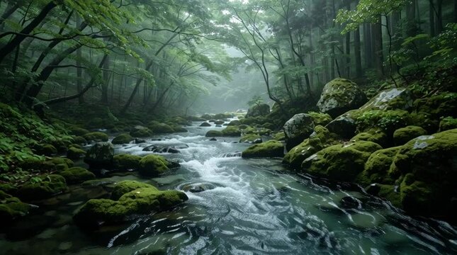 神秘的な苔むした森と清流の美しい風景｜森林, 川, 自然


