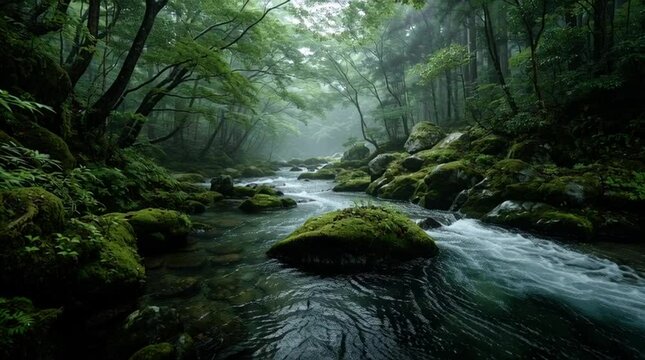 神秘的な苔むした森と清流の美しい風景｜森林, 川, 自然

