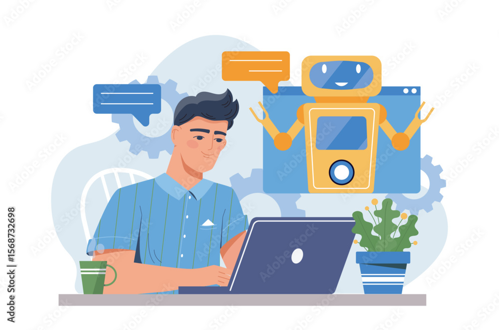 Poster man using laptop while chatting with a friendly robot assistant, flat style, on a white background w