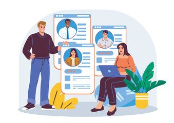Two HR professionals analyzing candidate profiles on digital screens, colorful cartoon style, indoor background, concept of recruitment and hiring. Vector illustration