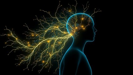 A glowing neural network branching into a human silhouette, connecting unexpectedly to other body systems.