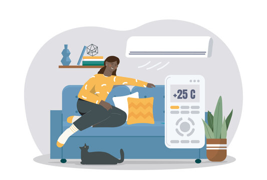Woman sitting on a couch adjusting air conditioner temperature with remote control, modern flat style, indoor home background. Concept of home comfort. Vector illustration