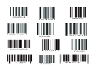 Multiple barcode patterns with numeric codes displayed in black on a white background, showing different barcode styles for identification and labeling. Vector illustration
