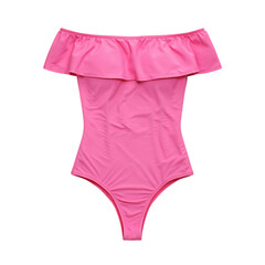 Chic pink one-piece off-shoulder swimsuit with a stylish ruffle flounce, fashionable women's swimwear isolated on white.