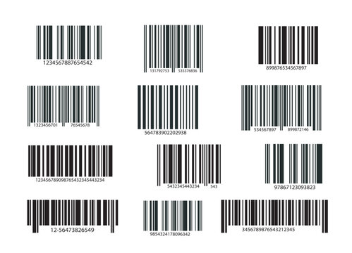 Multiple barcode patterns with numeric codes displayed in black on a white background, showing different barcode styles for identification and labeling. Vector illustration