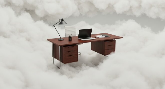 Floating desk amidst fluffy clouds. A minimalist wooden desk with laptop, lamp, and supplies rests serenely in a cloud-filled space