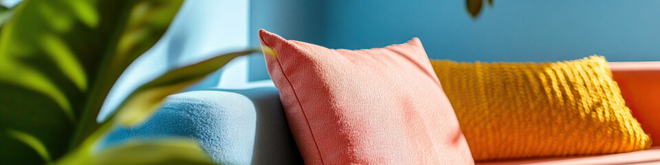 Fototapeta premium Coral, Yellow, and Blue Decorative Pillows on Sofa