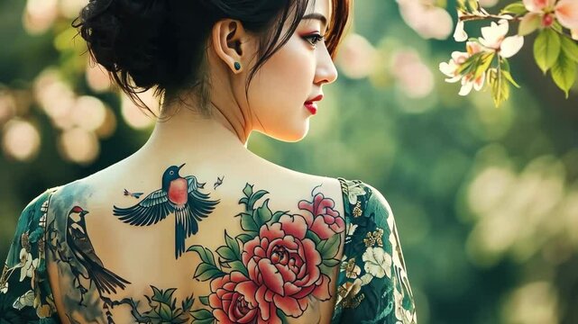 A young Asian woman with long black hair displays a colorful tattoo of birds and flowers on her back. She stands in a garden with blooming flowers. Generative 4k video.