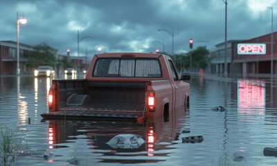 Classic pickup truck surrounded by floodwater in parking lot