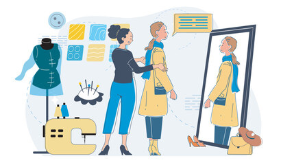 A tailor adjusts a woman's coat in front of a mirror in a fashion studio with tools, mannequin, and sewing machine, showing custom tailoring concept. Vector illustration