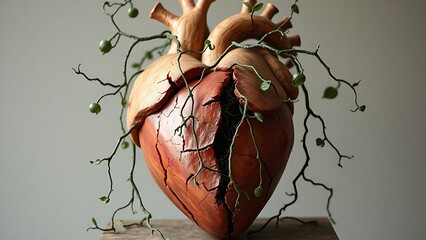 A fractured heart sculpture with vines growing through cracks, representing evolving mortality concepts.