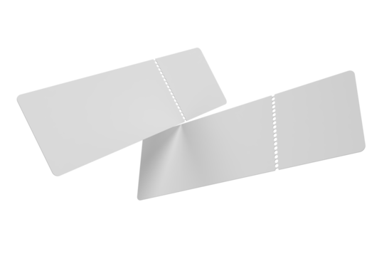 3D Realistic empty event tickets mockup isolated on background. Blank template for showcasing your ticket, train, raffle, carnival, concert, festival, lottery, coupon, theatre or airplane pass label.