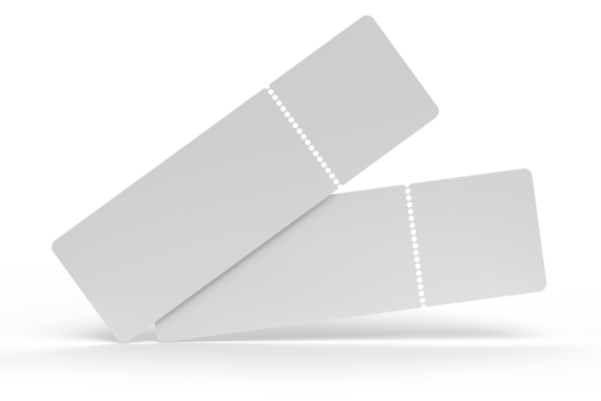 3D Realistic empty event tickets mockup isolated on background. Blank template for showcasing your ticket, train, raffle, carnival, concert, festival, lottery, coupon, theatre or airplane pass label.