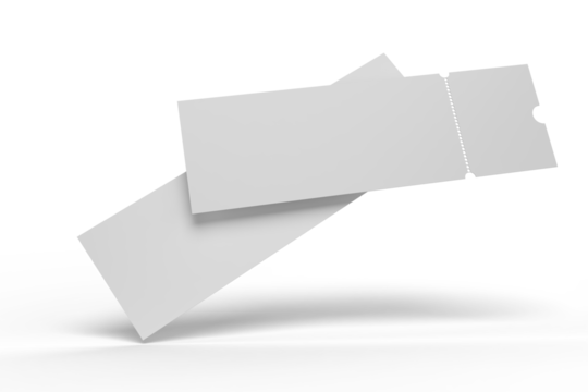 3D Realistic empty event tickets mockup isolated on background. Blank template for showcasing your ticket, train, raffle, carnival, concert, festival, lottery, coupon, theatre or airplane pass label.