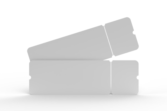 3D Realistic empty event tickets mockup isolated on background. Blank template for showcasing your ticket, train, raffle, carnival, concert, festival, lottery, coupon, theatre or airplane pass label.