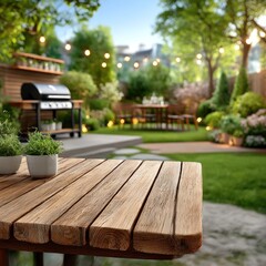 Backyard patio scene with wooden table