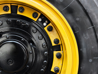 Close-up of construction equipment wheel showcasing detailed mechanics and sturdy design for...