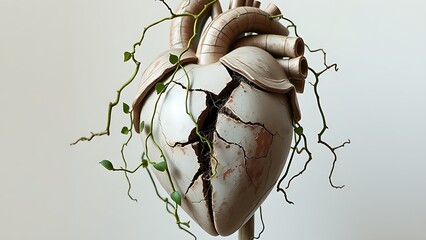 A fractured heart sculpture with vines growing through cracks, representing evolving mortality concepts.