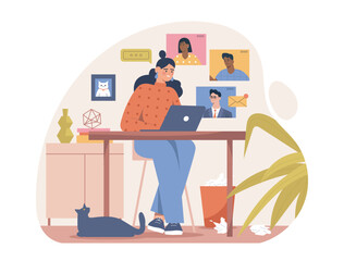 Woman using laptop at home desk with online video call screens, indoor plant, cat, and paper bin on light background. Concept of remote work. Vector illustration