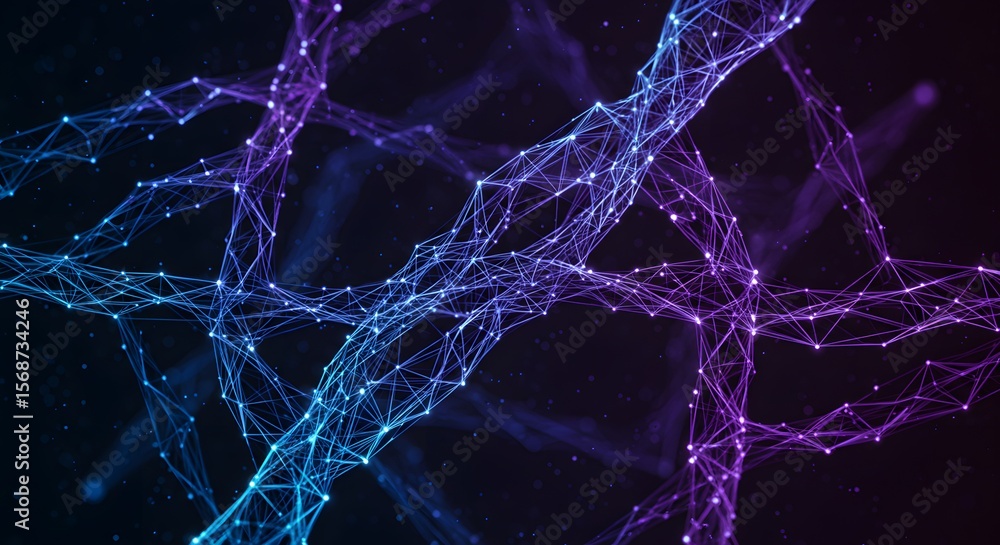 Poster abstract network connections intricate web of purple and blue nodes