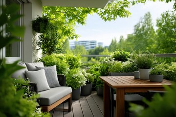 Balcony with lush greenery and city view