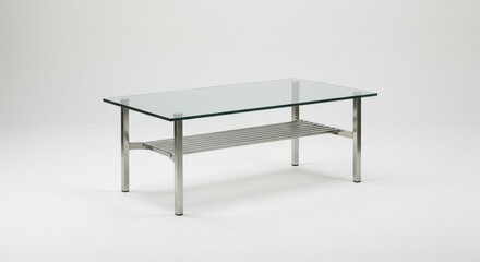Modern glass coffee table with a metal base.  Clear glass top sits atop a wire mesh shelf supported by sleek, chrome-like metal legs.  Simple, minimalist design