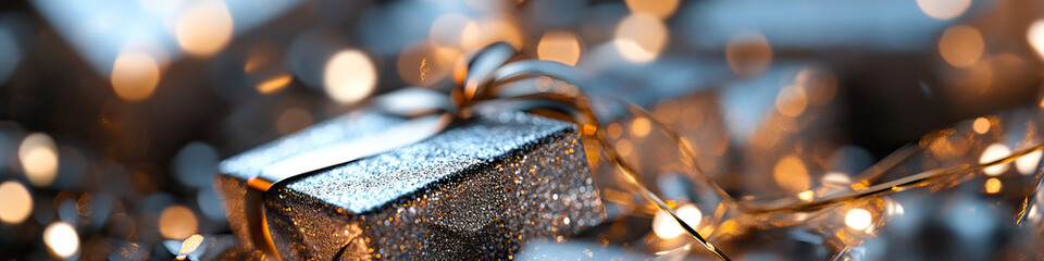 Silver Glitter Gift Box with Gold Ribbon and Bokeh Lights