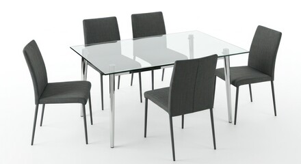 Modern glass dining table and chairs, gray upholstery, chrome legs
