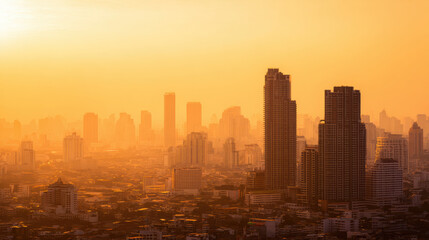 Fototapeta premium sprawling city skyline bathed in warm golden sunlight with high-rise buildings fading into a hazy horizon.
