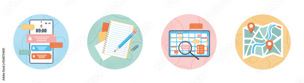 Poster set of icons showing smartphone notifications, notebook with pencil, calendar with tasks, and map wi
