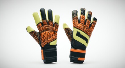 Pair of vibrant orange and lime-yellow goalie gloves, black accents