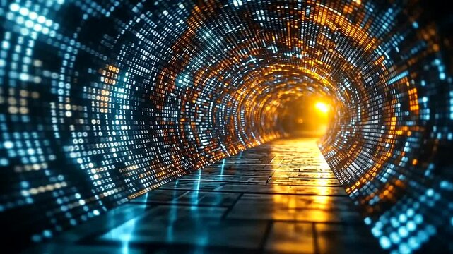 Abstract data tunnel visualization with binary code and glowing light source