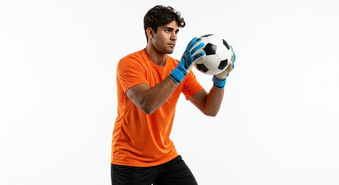 Soccer goalie in orange jersey, catching ball