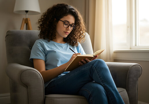 A young woman sits in a chair, engrossed in writing in a notebook.
